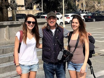 Nicholas with India Pearson the Production Manager of Holiday Extras Travel Guides, while filming in Rhodes